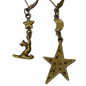 Celestial Cat Star Moon Stars Asymmetrical Dangle Earrings NEW